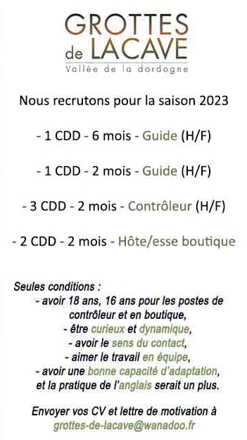 Offres d'emploi tourisme souterrain : grotte de lacave